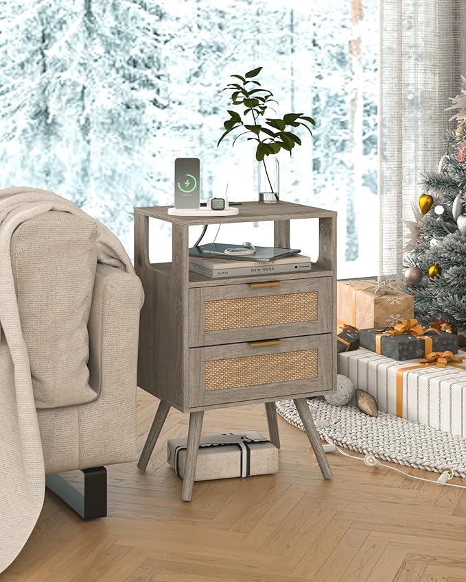 Rattan Nightstand with Charging Station,Modern Bedside Table with 2 Storage Drawer and Open Wood Shelf, for Bedroom and Small Spaces,Night Stand with Solid Wood Legs (Grey Oak)