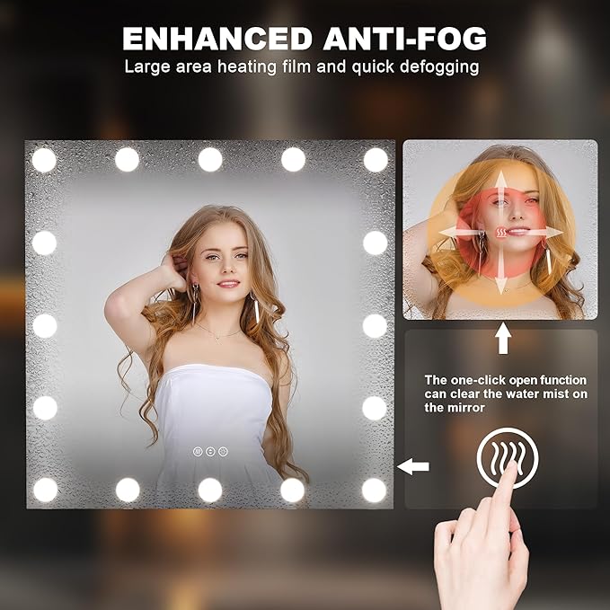 Hasipu LED Bathroom Mirror with Lights, 32" x 32" Hollywood Wall-Mounted Bathroom Mirror with 16 Dimmable Bulbs, 3 Colors Modes, Touch Control, Anti-Fog, Memory Function, Shatter-Proof, ETL Listed