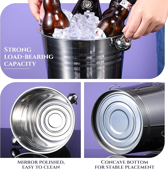 Amyhill 8 Pack Stainless Steel Ice Bucket 5.3 Quart/ 5 Liter with Handle Large Insulated Champagne Buckets Beer Bucket for Cocktail Bar Wine Parties Chilling Wine Champagne Home(Silver)