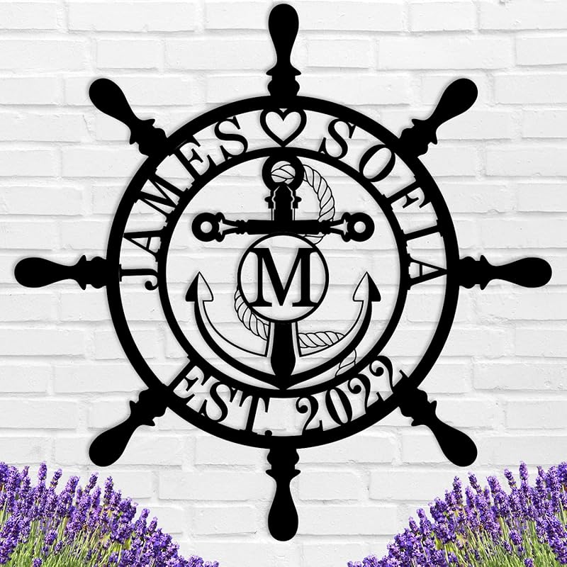 Personalized Ship Wheel Metal Sign, Customized Nautical Wall Decor, Anchor Compass Metal Sign, Family Name Sign, Monogram Wall Decor, Last Name Signs for Home, Housewarming Gift