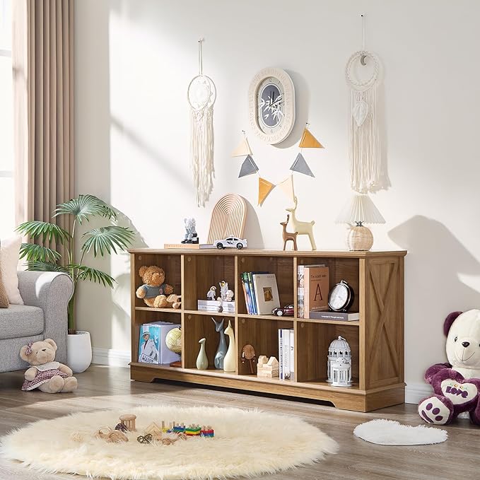 Farmhouse 8 Cube Bookshelf, Storage Organizer Bookcase, Kids Toy Storage Cabinet, Long Bookshelves Storage Organizer Shelf, Wood Display Cabinet Book Shelves for Bedroom,Living Room, Natural Oak