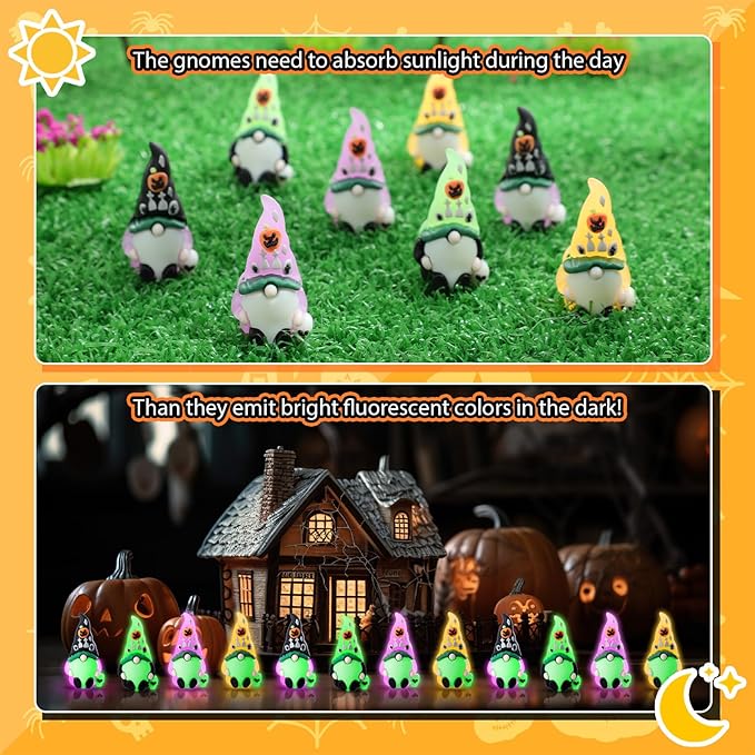 Wesiti 50 Pcs Luminous Halloween Mini Gnomes Figurines Bulk Glow in Dark Miniature Ornaments Hide and Seek Tiny Gnomes Figures Statue Halloween Party Favor Bag Fillers Garden Dollhouse Decor Gifts