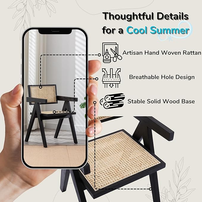 Rattan Dining Chairs Set of 4, Farmhouse Wicker Dining Chairs with Cane Seat Accent Armchair for Dining Room Kitchen Restaurant, Walnut