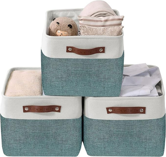 DECOMOMO Storage Baskets for Shelves - Fabric Closet Organizers and Storage Bins, Perfect Baskets for Organizing Closet Toys Nursery (Green and White, XL - 3 Pack)