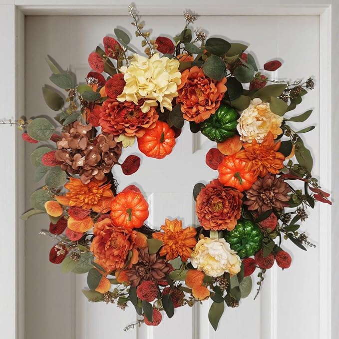 Fall Wreaths for Front Door 24 Inch with Realistic Pumpkin Hydrangea Peony Dahlia Flower, Thanksgiving Harvest Autumn Wreath for Indoor Outdoor Decor, Rustic Farmhouse Seasonal Decoration