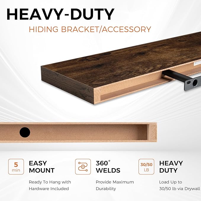 Floating Shelves for Wall, 40 Inch Floating Shelves for Home Decor, Wall Mounted Rustic Wood Shelves, Bathroom, Hanging Deep Shelf for Bedroom, Living Room, Kitchen (Rustic Brown, Set of 2)