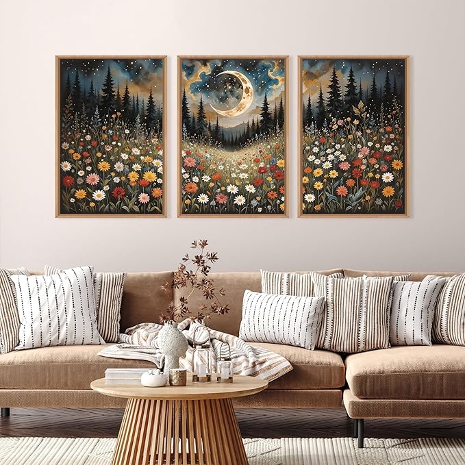 HPINUB Wildflower Moon Pine Tree Framed Canvas Wall Art Set,Nature Forest Wall Decor,Mystical Starry Night Artwork Rustic Mountain Landscape Art Print for Living Room,Bedroom,Office-24 x36 x3