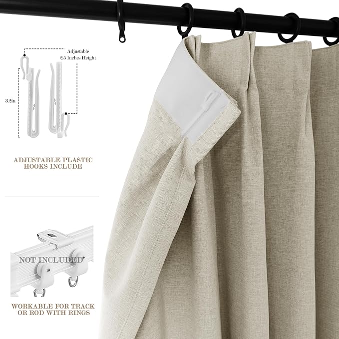 Full Blackout Privacy Curtains, 240 Inch Extra Wide Linen Blend Drapes, Pinch Pleat Window Drapery for Room Divider Storage/Space Room Separation, 1 Panel, W 240" x L 108", Ivory White