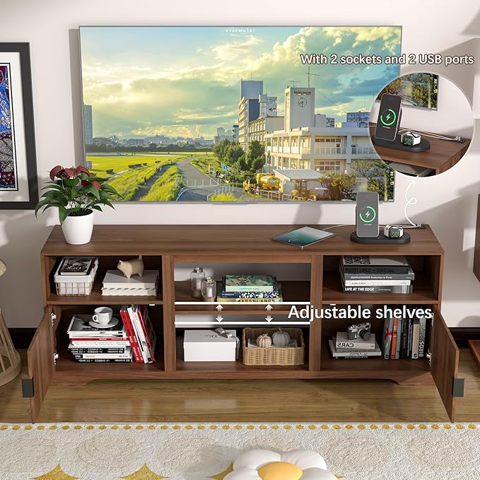 Fireplace TV Stand for Television up to 80 Inch,Entertainment Center with Adjustable Shelf,Mid-Century Modern Fluted TV Stand with 23" Electric Fireplace,Media Console for Living Room,Bedroom