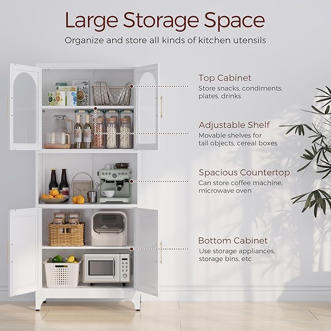 75" Tall Kitchen Pantry Cabinet, Metal Storage Cabinets with Acrylic Doors and Adjustable Shelves, Hutch Cabinet with Storage, White Microwave Stand Cabinets for Dining Living Room