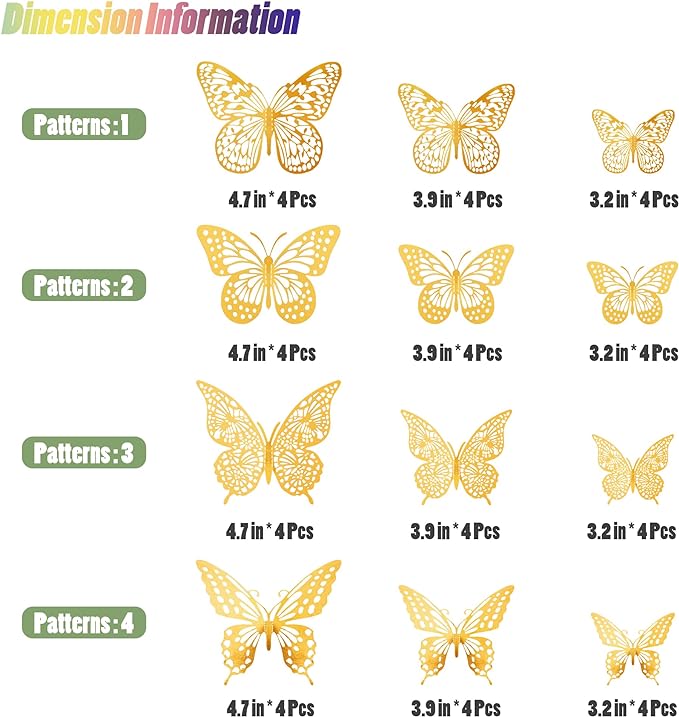 SAOROPEB 3D Butterfly Wall Decor - 48 Pcs, 4 Styles, 3 Sizes, Gold Butterfly Decorations for Birthday & Party Celebrations, Removable Stickers