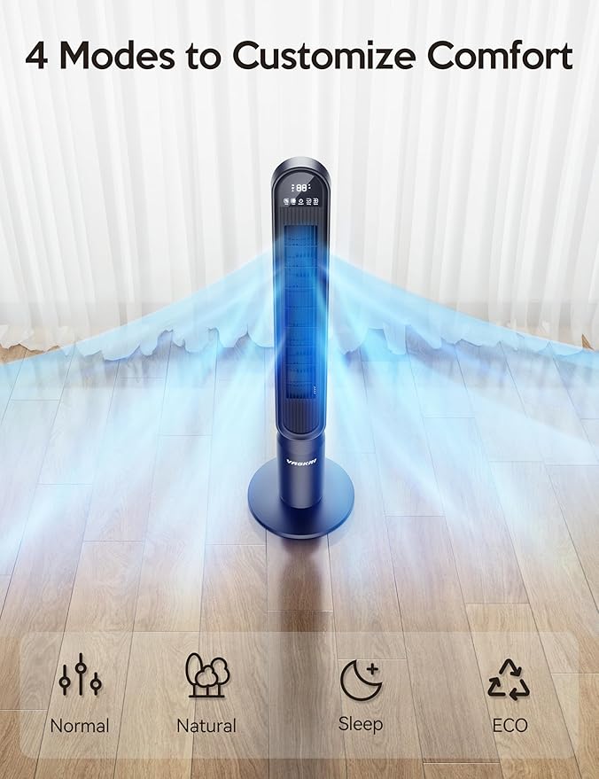 VAGKRI 42 Inch Tower Fan for Bedroom, Bladeless Quiet Floor Fan with 135° Vertical 90° Oscillation Fans for Indoors use, 4 Speeds, 4 Modes, 15H Timers Standing Fans with Remote Black