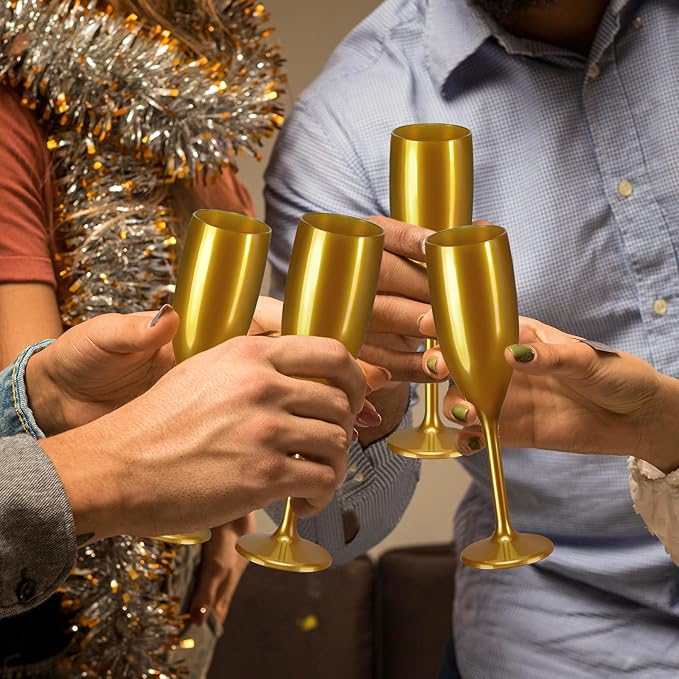 XUWAIDSGN Acrylic Champagne Flutes Toasting Glasses Unbreakable Mimosa Bar Reusable Wine Glasses Vintage Champagne Flutes Stemmed Drinking Cups 5.4 OZ for Christmas Birthday (100, Gold)