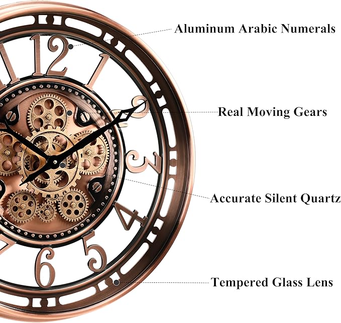CLXEAST 21 Inch Moving Gear Wall Clock for Modern Farmhouse Living Room Decor,Large Industrial Steampunk Wall Clock for Home Office,Metal Copper Finished,House Warming Gifts New Home