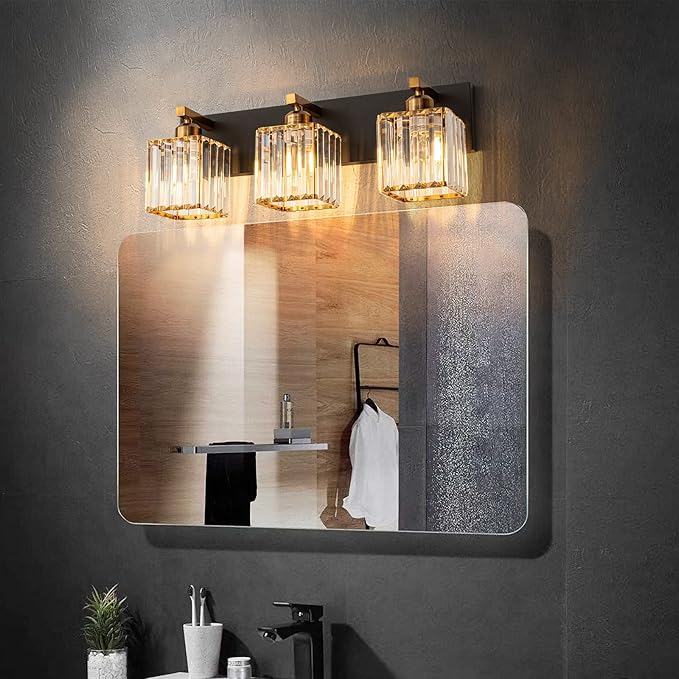Modern Bathroom Vanity Light 3-Lights Black Gold Crystal Bathroom Wall Light Vanity Light Fixtures，20.47-inch Modern Minimalist Design