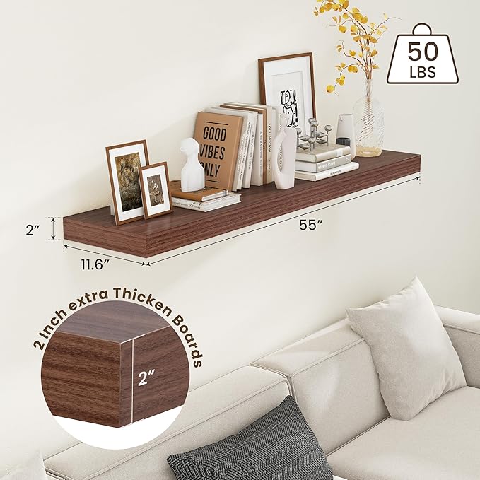 Deep Floating Shelves for Wall - 55 Inch Wide x 12 Inch Deep Wall Shelves Set of 1 - Rustic Walnut Color Wood Shelves for Living Room, Bathroom, Laundry Room, Bedroom, Kitchen, Home Office
