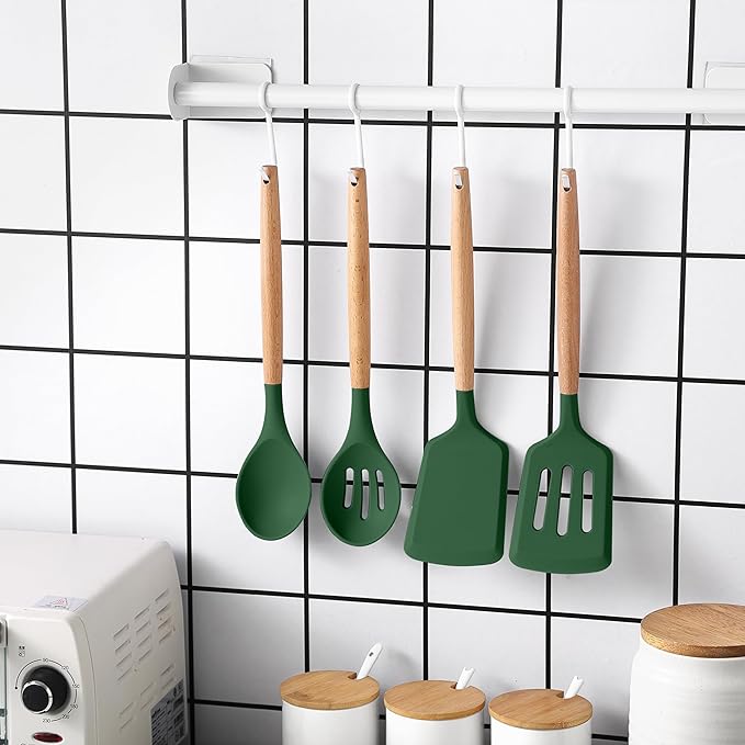 Country Kitchen Non Stick Silicone Utensil Set with Rounded Wood Handles for Cooking and Baking, 14 Piece Set, Green
