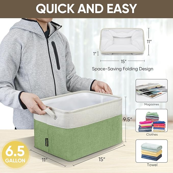 BALEINE 2 Pack Fabric Storage Bins for Shelves, Linen Storage Baskets for Organizing, Decorative Closet Bins for Clothes, Home (Green, 15''x11''x9.5'')