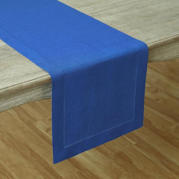 Solino Home Linen Royal Blue Table Runner 60 Inches - Classic Hemstitch, 100% Pure Linen Coffee Table Runner 14 x 60 Inch Ideal for Dresser Tables