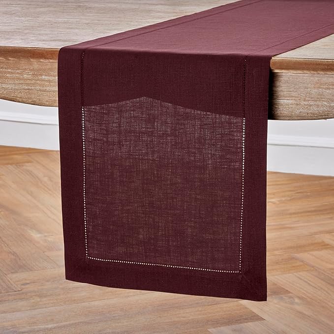 Solino Home Linen Burgundy Table Runner 90 Inches Long - 100% Pure Linen 14 x 90 Inch Table Runner for Fall, Autumn, Thanksgiving - Classic Hemstitch