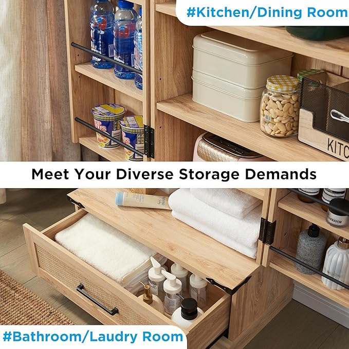72" Tall Rattan Kitchen Pantry Cabinet with Drawer, Boho Storage Cabinet with 2 Rattan Doors and Shelves, Versatile Large Cabinet for Dining Room, Bathroom, Living Room, Laudry, Natural Oak