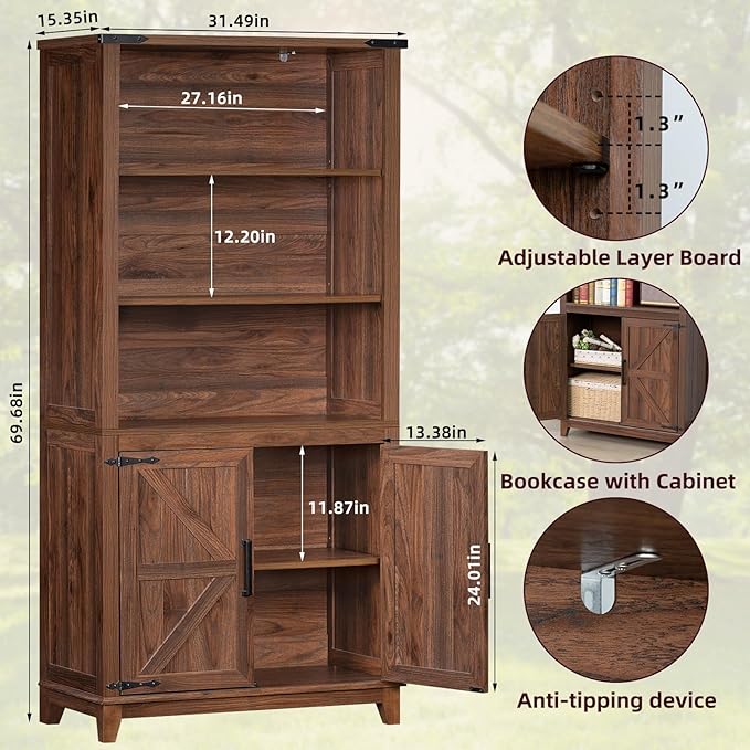 70in Tall Bookshelf 5 Tier Bookcase with Barn Doors and Adjustable Shelves, Brown Farmhouse Book Shelf with Storage Cabinet, Wood Freestanding Display Bookshelves for Bedroom, Living Room