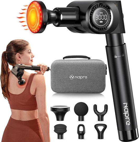 Massage Gun with Heat and Red Light Therapy,Deep Tissue Percussion Back Massager for Muscle/Neck/Body Pain Relief with Long Extension Retractable Handle,32-Speeds,Foldable,5 Adjustable