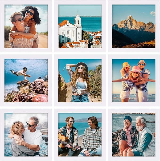 Vittanly 8x8 Picture Frames Set of 9, Shatter Resistant Plexiglass, Display 4x4 Pictures with Mat or 8x8 without Mat, Photo Frames for Wall Mount, Engineered Wood, White