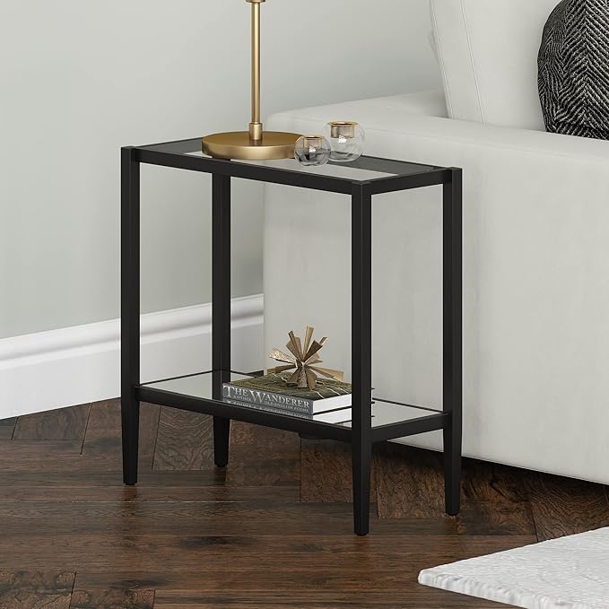Henn&Hart 24" Wide Rectangular Side Table with Glass Shelf in Blackened Bronze, Table for Living Room, Bedroom