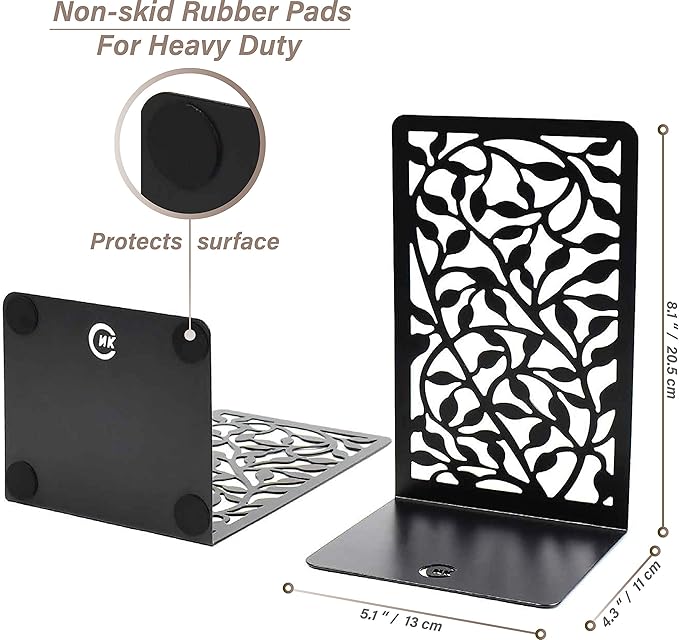 CNK Book Ends for Shelves - Metal Holders for Home Office Heavy Books, Shelf Stoppers, Decorative Set of 2 Black Infinite Leaves Bookends