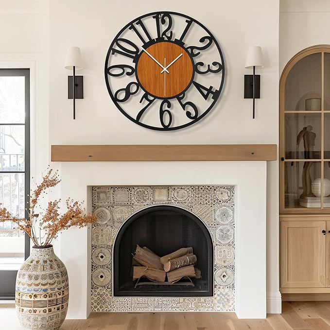 Maxstar Round Wall Clock for Living Room Decor Battery Operated Non Ticking Black Metal Wood Clocks for Home Living Room Garden Office Kitchen Decoration -13 inch