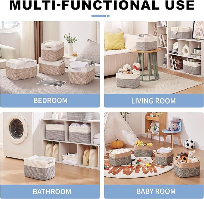 OIAHOMY 4 Pack Storage Baskets for Organizing, Basket for Shelves with Handle, Woven Baskets for Storage Toys, Towels, Books, Cotton Rope Basket 13" L x 9 " W x 7.8 " H, Blue & White