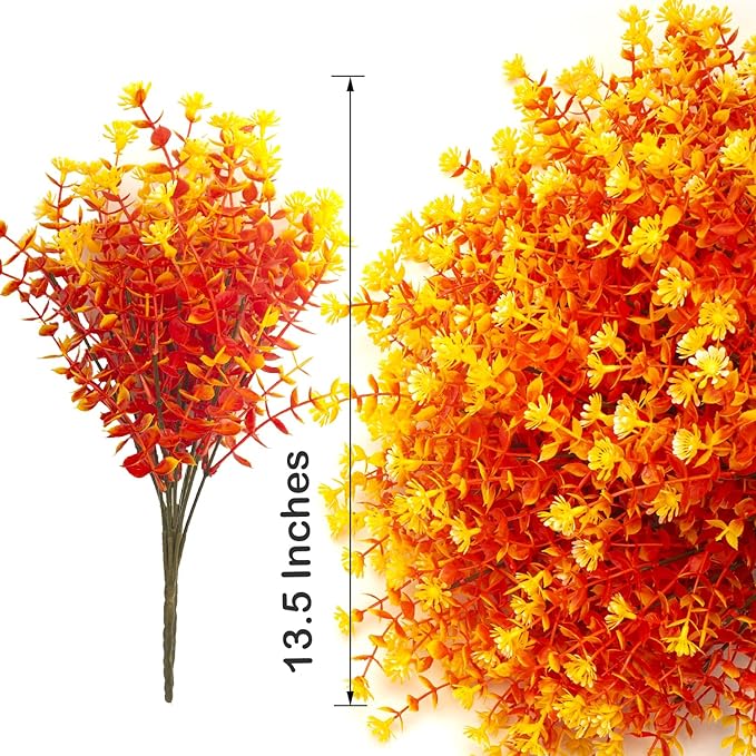 12 Bundles Artificial Fall Flowers No Fade Faux Autumn Plants, Fake Indoor Outdoor Greenery Decorations for Thanksgiving Christmas Wedding Party Home Garden Fireplace Décor (Fall Orange)