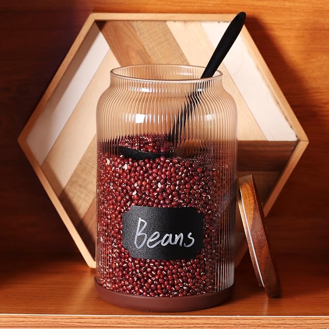 SAIOOL 2-Pack Striped Borosilicate Glass Airtight Canisters - Big mouth Large Capacity, Acacia Wood Lid, Food Storage Jars for Flour, Pasta, Pantry Organization (1 Gallon （2 Striped pack）)