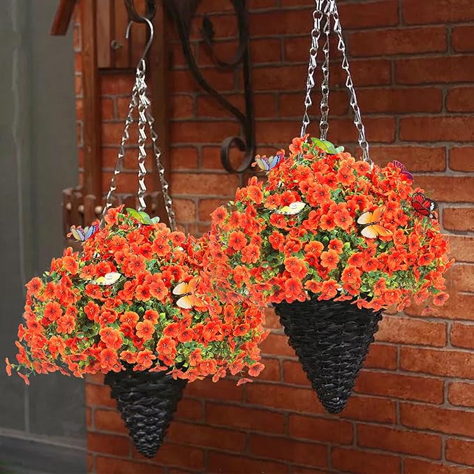 ‌20 Bundles Artificial Flowers for Outdoors‌ with 6 Faux Butterflies, UV Resistant ‌Fake Flowers‌ with Eucalyptus Leaves, ‌Artificial Plants Outdoor‌ for Patio Garden Porch Home Decor (Orange)