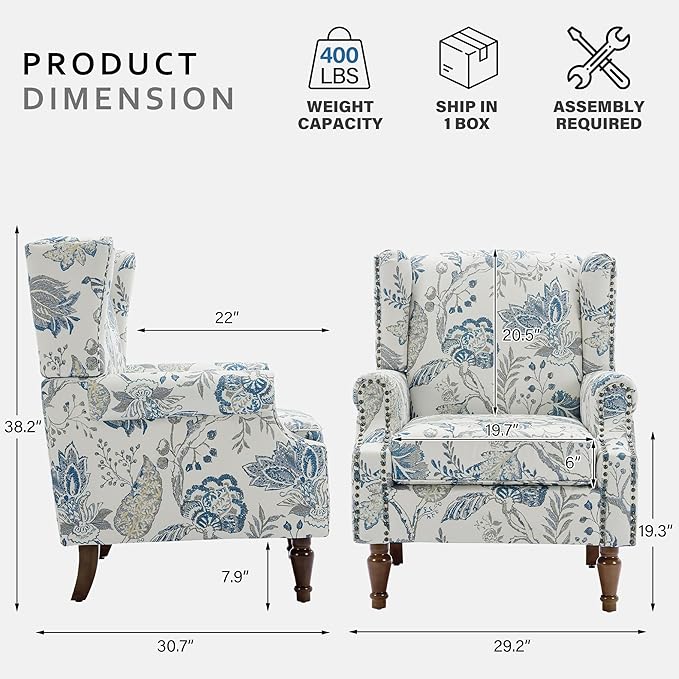 Lumibee High Back Accent Chair Set of 2, Armchair in Fabric,Comfy Upholstered Wingback Single Sofa Reading Chairs with Solid Wood Legs for Living Room,Bedroom,Office-Plants Blue