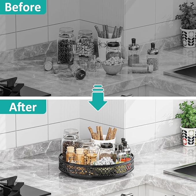 Ovicar Lazy Susan Turntable Organizer - 13 inch Rotating Spice Rack Metal Lazy Susan for Cabinet Pantry Kitchen Countertop Dining Table Cupboard Bathroom Vanity Refrigerator Black