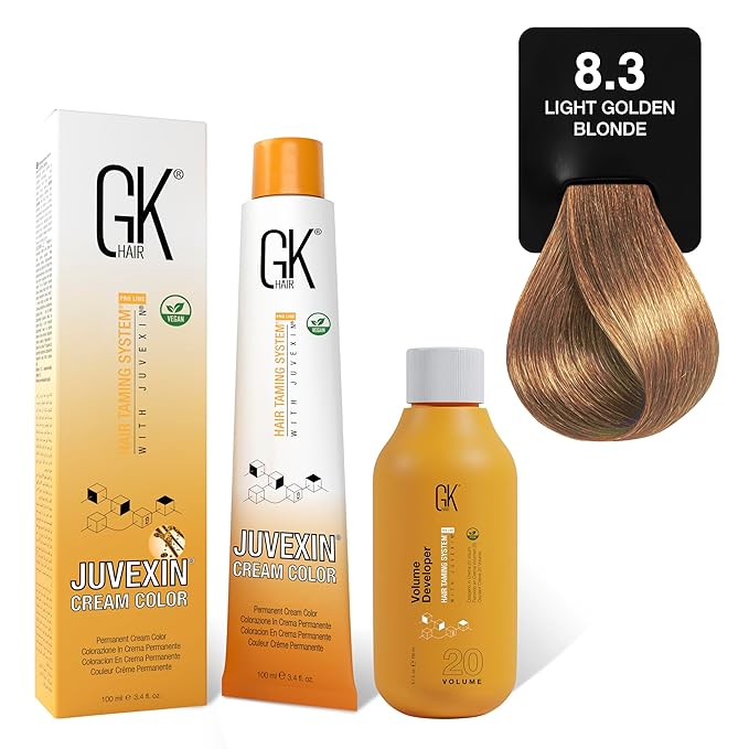 GK HAIR Global Keratin Goldens 8.3 Light Golden Blonde Hair Color Cream Tube (3.4 Fl Oz/100ml) + 20 Volume Developer (5 Fl Oz/150ml) - Professional Permanent Long Lasting Toner Dye