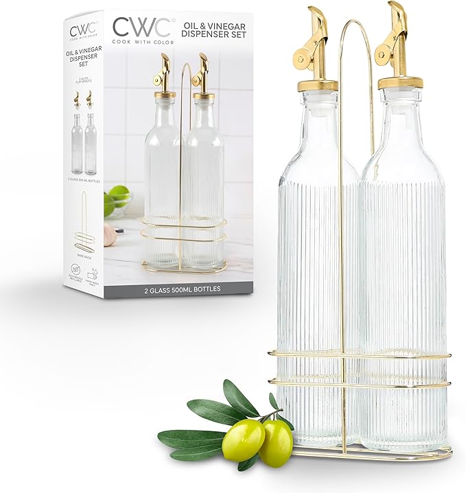 COOK WITH COLOR Glass Olive Oil Dispenser Bottle - 2 Pack, 17 oz Cruet - Elegant Carafe Decanter with Spout for Kitchen, Suitable for Vinegar, Coffee Syrups & Other Liquids
