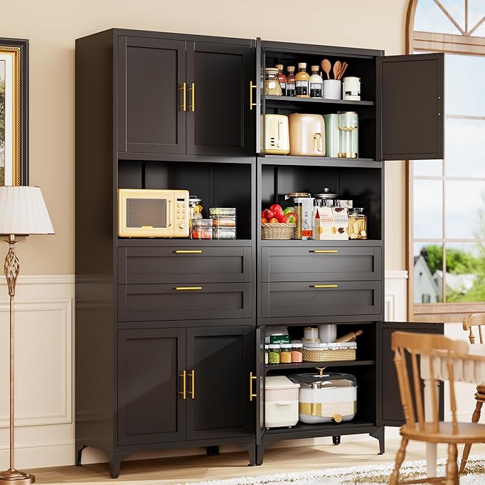 75” Tall Kitchen Pantry Storage Cabinet, Metal Storage Cabinet with 2 Drawers and Adjustable Shelves, Kitchen Pantry Cupboard, Freestanding Cupboard for Bathroom, Living Room(Black)