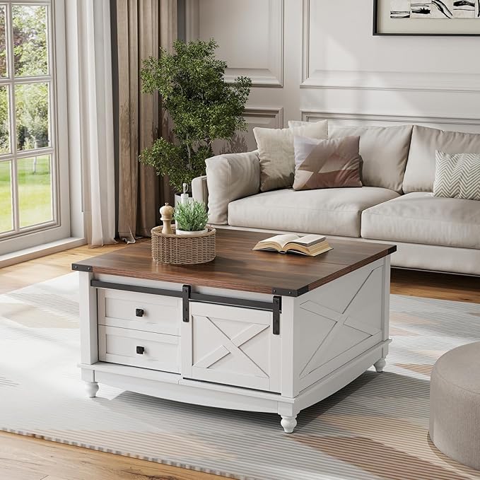 31.5" Lift Top Coffee Table with Storage, Farmhouse Coffee Tables for Living Room, Square Coffee Table with Large Hidden Storage Compartment, 2 Drawers & Removable Shelves, White