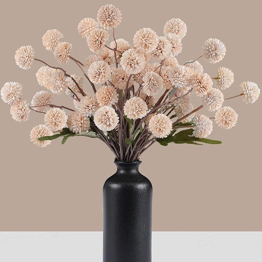 Faux Beige Kiku Flowers 10 Stems & 2 Eucalyptus, Fake Mums Pompon Flower Ball, Autumn Artificial Chrysanthemums Flowers for Boho Bedroom Decor, Silk Mini Faux Kiku Flower Wedding Arrangements Decor