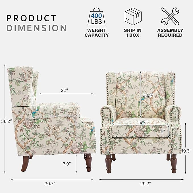 Lumibee Wingback Accent Chair, 2 Set High Back Floral Armchairs in Fabric,Comfy Upholstered Reading Single Sofa Chairs with Solid Wood Legs for Living Room,Bedroom,Office-Bird