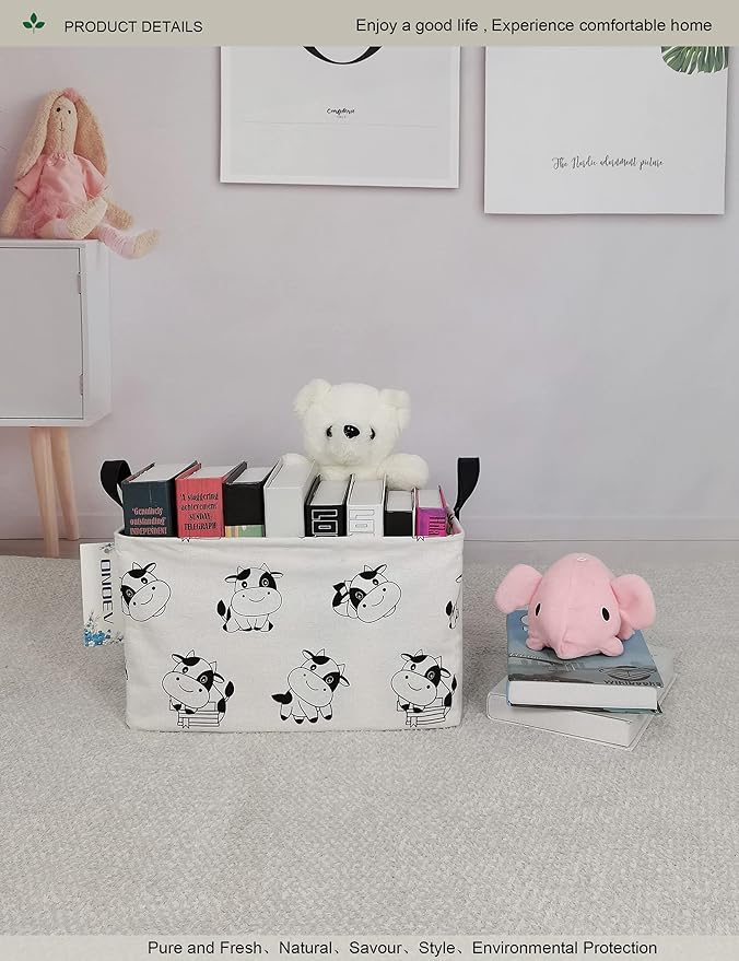 Rectangular Folding Laundry Basket,Canvas Basket,Nersury Hamper,Suitable for Children,Office,Bedroom,Clothes,Toys Storage (REC Cow), 14.9’’L ×10.2’’W×9.05’’H inches