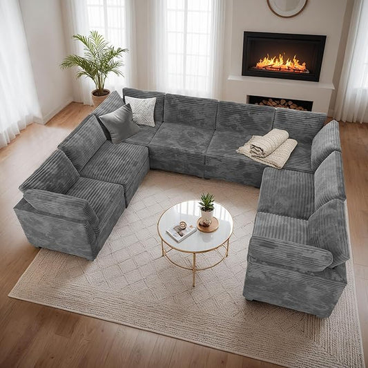 Modular Sectional Sofa with Chaise U Shaped Sectional Couch for Living Room, 8-Seater Comfy Cloud Couches, Plush Corduroy, Gray