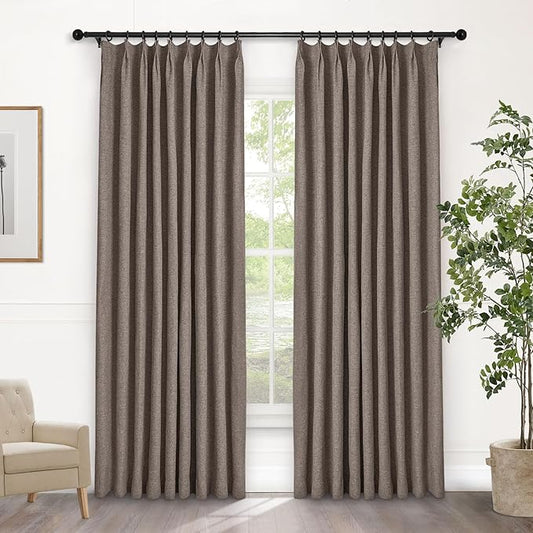 Macochico Pinch Pleated Blackout Curtains 102 Inches Long 100% Blackout Natural Linen Drapes for Bedroom Living Room Windows Farmhouse Burlap Curtains with Tieback 52”Wx102”L Light Coffee 1 Panel