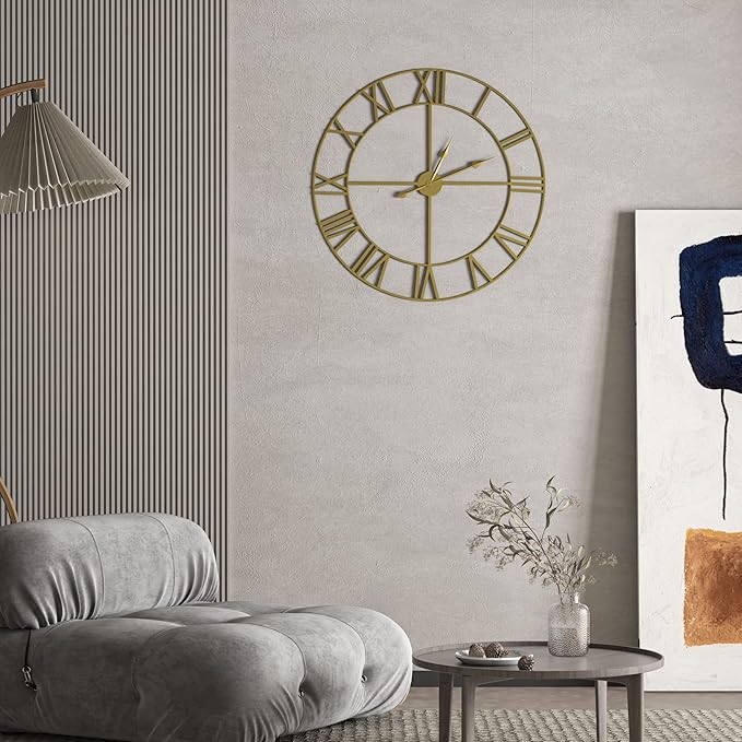 LEIKE Large Modern Wall Clocks,24" Gold Metal,Rustic,Round,Silent Non Ticking,Battery Operated Roman Numerals Clock for Living Room/Bedroom/Kitchen Wall Decor-(Gold, 60cm)