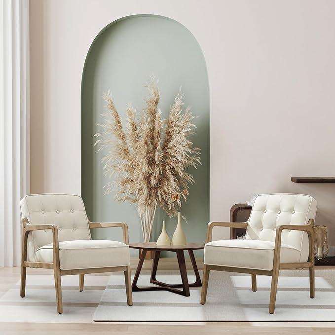 Linen Accent Chair, Mid Century Modern Chair for Living Room, Upholstered Comfy Lounge Armchair with Solid Wood Frame, Reading Side Chair for Bedroom,105°Ergonomic Comfort, White