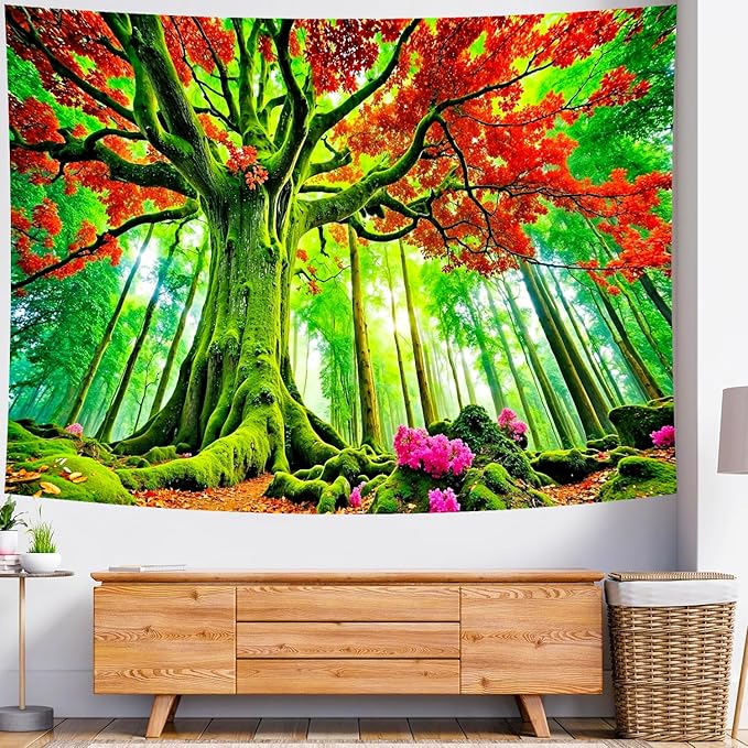 Delur Forest Tapestry Tree of Life Green Landscape Rainforest Wall Hanging Tapestry Colorful Mystical Nature Spiritual Psychedelic Headboard for Bedroom Living Room Home Decor (59.1" x 78.7")