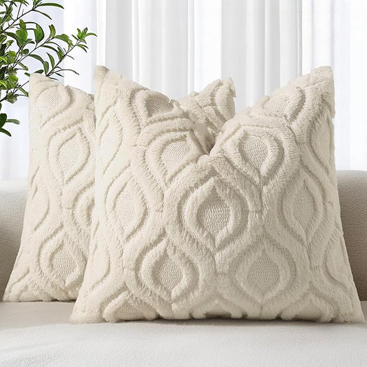 decorUhome Fall Throw Pillow Covers 16x16 Inch Set of 2, Soft Plush Decorative Faux Fur Beige Solid Couch Pillow Covers, Accent Farmhouse Neutral Square Euro Pillow Cases for Sofa Bed Living Room